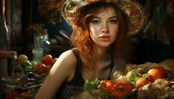 ai généré un Jeune femme souriant, en portant une Frais tomate, à la recherche à caméra généré par ai photo