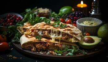 ai généré grillé du boeuf taco avec Frais tomate et fait maison guacamole génératif ai photo