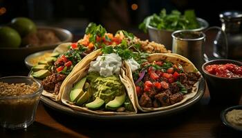 ai généré grillé du boeuf taco avec Frais tomate et fait maison guacamole génératif ai photo