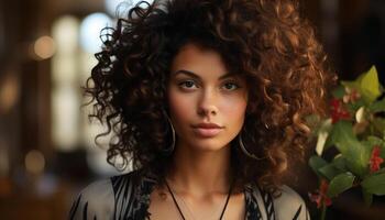 ai généré une sur de soi Jeune femme avec frisé cheveux souriant en plein air génératif ai photo