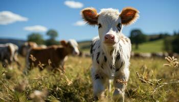 ai généré mignonne porcelet pâturage sur vert prairie, à la recherche à Marguerite généré par ai photo