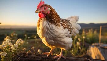 ai généré majestueux coq permanent dans une vibrant Prairie à lever du soleil généré par ai photo