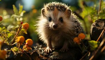 ai généré mignonne hérisson séance sur herbe, alerte dans l'automne forêt généré par ai photo