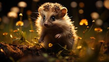 ai généré mignonne hérisson séance sur herbe, alerte dans l'automne forêt généré par ai photo