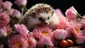 ai généré mignonne hérisson séance sur herbe, alerte dans l'automne forêt généré par ai photo