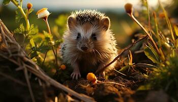 ai généré mignonne hérisson séance sur herbe, alerte dans l'automne forêt généré par ai photo