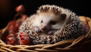 ai généré mignonne hérisson séance sur herbe, alerte dans l'automne forêt généré par ai photo