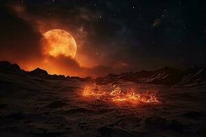 ai généré nuit désert avec les feux sur le le sable dans le lumière de une brillant lune sur une nuageux ciel. généré par artificiel intelligence photo