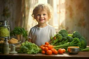 ai généré une petit enfant est assis à le table dans de face de lui légumes, brocoli, carottes, tomates, chou photo