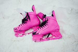 magnifique rose patins mensonge sur le neige photo