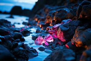 ai généré mer soir paysage avec des pierres, falaises et néon briller. généré par artificiel intelligence photo