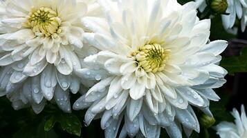 magnifique blanc chrysanthèmes épanouissement dans le jardin pendant le pluie. ai génératif. photo