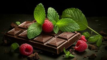 ai généré cassé Chocolat bar, menthe feuille et framboises sur foncé Contexte. ai généré photo