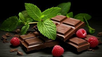 ai généré cassé Chocolat bar, menthe feuille et framboises sur foncé Contexte. ai généré photo