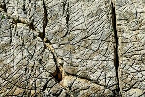 une proche en haut de une Roche mur avec des fissures photo