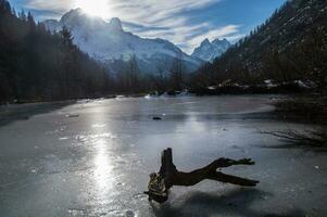 congelé Lac avec mort bois dans le français Alpes photo