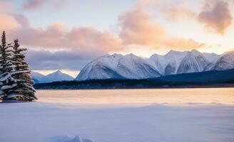 ai généré magnifique hiver paysage avec neige couvert des arbres et Lac à le coucher du soleil. photo