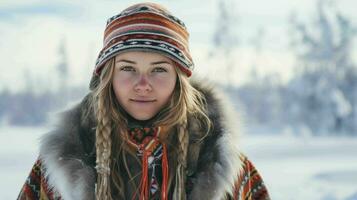 ai généré une finlandais Dame dans traditionnel sami Vêtements photo