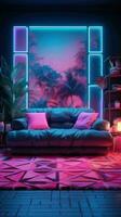 ai généré magnifique moderne vivant pièce avec canapé, intérieur les plantes et néon lumières photo