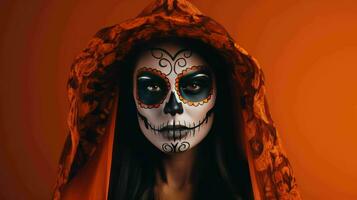 ai généré femme avec Halloween inspiré effrayant maquillage et costume à la recherche comme une effrayant sorcière photo