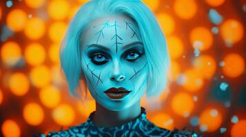 ai généré femme avec Halloween inspiré effrayant maquillage et costume à la recherche comme une effrayant sorcière photo