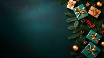 ai généré Noël Contexte conception avec rustique décors, sapin arbre bifurquer, turquoise cadeau boîte avec d'or ruban, rouge baies. pin cônes, brillant des balles, étincelant étoiles. Haut voir, flatlay photo