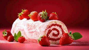 ai généré délicieux fraise gâteau rouleau photo