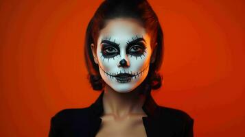 ai généré femme avec Halloween inspiré effrayant maquillage et costume à la recherche comme une effrayant sorcière photo