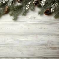 ai généré Noël Contexte avec sapin branches et babioles sur blanc en bois Contexte photo