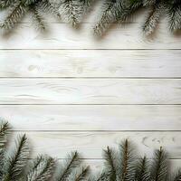 ai généré Noël Contexte avec sapin branches et babioles sur blanc en bois Contexte photo