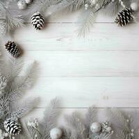 ai généré Noël Contexte avec sapin branches et babioles sur blanc en bois Contexte photo