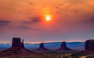 ai généré enfer horizon, une spectaculaire le coucher du soleil embrasse le désert région sauvage photo