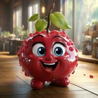 ai généré 3d dessin animé réaliste mignonne Pomme fruit photo