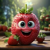 ai généré 3d dessin animé réaliste mignonne fraise fruit photo