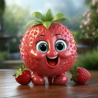 ai généré 3d dessin animé réaliste mignonne fraise fruit photo