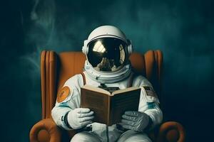 ai généré mignonne astronaute ou astronaute séance sur sommet de la montagne et en train de lire livre. photo