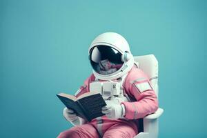 ai généré mignonne astronaute ou astronaute séance sur sommet de la montagne et en train de lire livre. photo