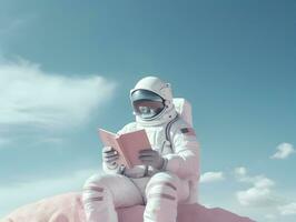 ai généré mignonne astronaute ou astronaute séance sur sommet de la montagne et en train de lire livre. photo