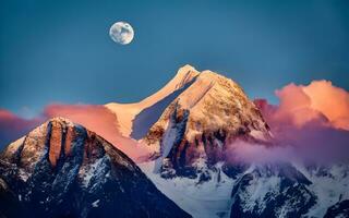 ai généré enchanteur sérénité, éclairé par la lune majesté sur neigeux Montagne de pointe photo