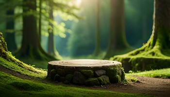 la magie forêt plat pierre podium, vide rond supporter Contexte photo