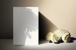 ai généré Vide mariage invitation carte moquer en haut avec Naturel fleur pour décoré sur blanc arrière-plan, minimal conception photo