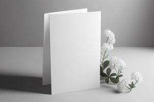 ai généré Vide mariage invitation carte moquer en haut avec Naturel fleur pour décoré sur blanc arrière-plan, minimal conception photo