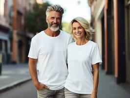 ai généré une Sénior couple portant blanc correspondant à t-shirts maquette pour conception modèle photo