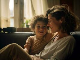 ai généré content mère et fils étreindre et profiter ensemble dans vivant chambre, famille temps concept photo