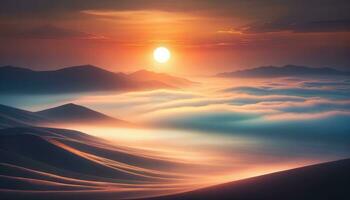 ai généré éthéré le coucher du soleil plus de brumeux le sable dunes paysage photo