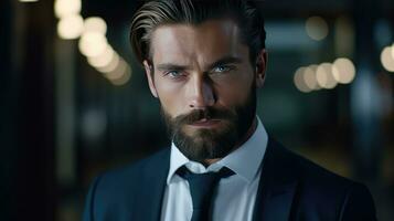 sur de soi homme d'affaire avec intense regard et barbe photo