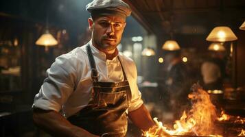 dévoué chef Maîtriser le flammes dans intense cuisine scène photo