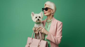 élégant femme avec des lunettes de soleil en portant élégant chien photo