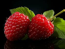 ai généré Frais mûr framboise sur noir arrière-plan, juteux et savoureux fruit, en bonne santé nourriture photo