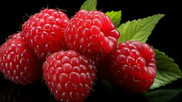 ai généré Frais mûr framboise sur noir arrière-plan, juteux et savoureux fruit, en bonne santé nourriture photo